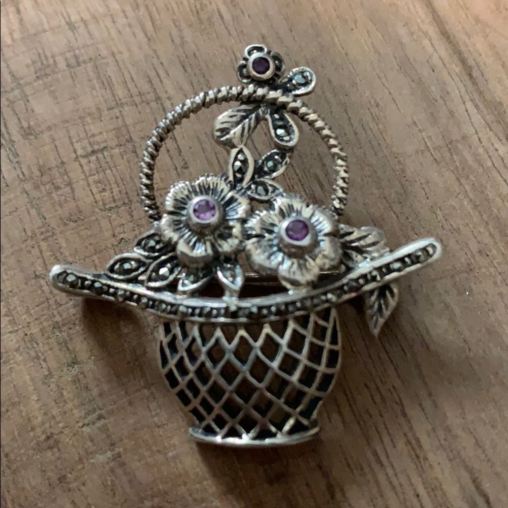 Vintage Sterling Silver Flower Basket Brooch - Picture 2 of 15